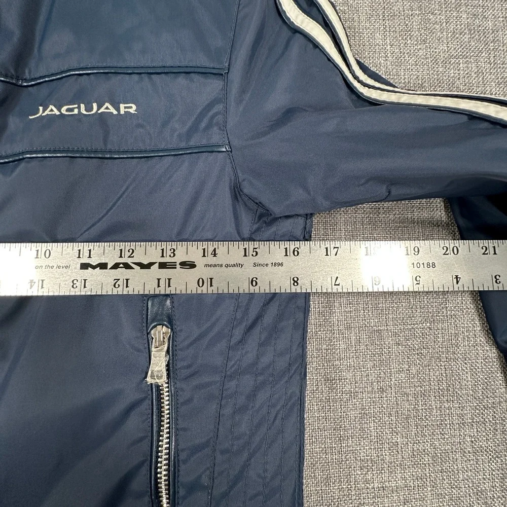 Jaguar Moto Jacket Kids Size 5/6 Navy Blue Racing Stripe Buckle Neck Cafe Racer
